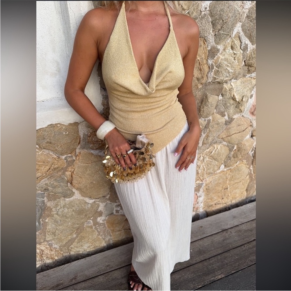 Zara NWT contrasting combination two tone cream and tan maxi halter dress - Picture 7 of 11